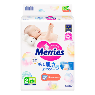 Подгузники размер S 4-8 кг 70 штук Merries 4901301418982 1